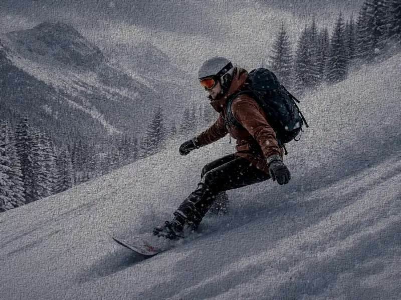 Image of a snowboarder with a waterproof backpack carving the slopes on a snowy day
