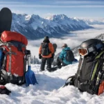 Snowboarders with technical snowboard backpacks overlooking alpine mountains during a backcountry tour in 2026