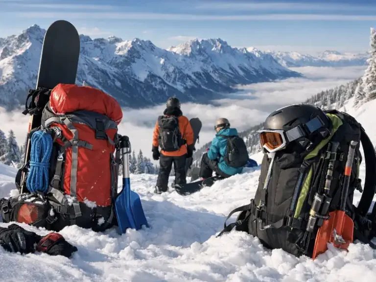 Snowboarders with technical snowboard backpacks overlooking alpine mountains during a backcountry tour in 2026