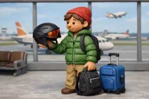 A claymation style image of a person at an airport holding their their ski helmet in one hand, their carry-on backpack in their other hand, and their luggage on the floor beside them. In the background are large airport windows where you can see airplanes on the runway. The person is looking at the ski helmet in their hand.