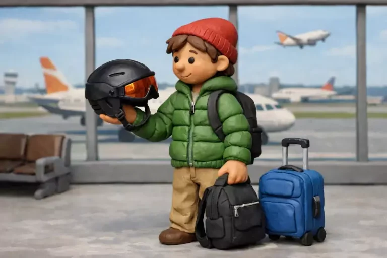 A claymation style image of a person at an airport holding their their ski helmet in one hand, their carry-on backpack in their other hand, and their luggage on the floor beside them. In the background are large airport windows where you can see airplanes on the runway. The person is looking at the ski helmet in their hand.