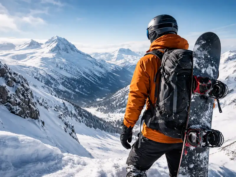 Backcountry snowboarder wearing technical snowboard backpack overlooking snowy mountain landscape