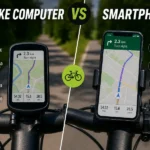 Am image showing a GPS bike computer on one side and a smartphone on the other, with words describing a few points about each one.