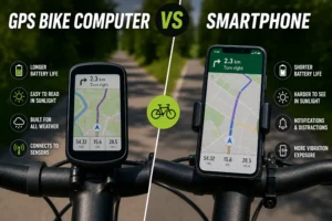Am image showing a GPS bike computer on one side and a smartphone on the other, with words describing a few points about each one.