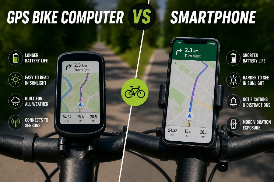 Am image showing a GPS bike computer on one side and a smartphone on the other, with words describing a few points about each one.