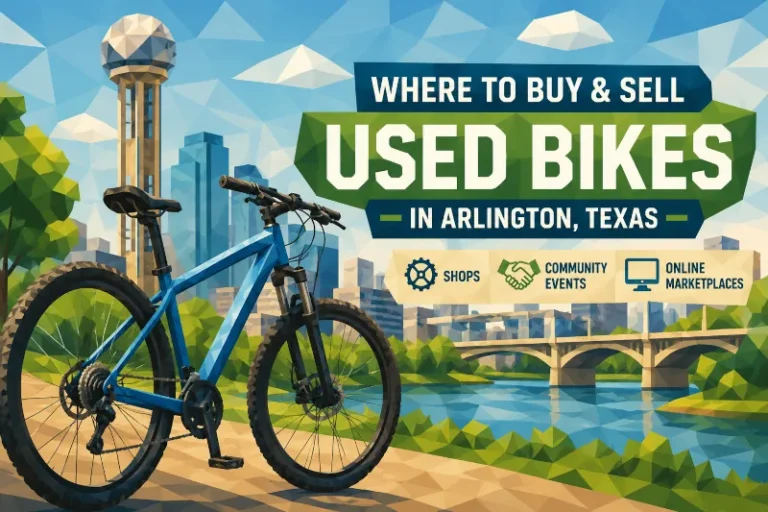 An illustrated image in artistic style of a bicycle in the foreground and the city of Arlington Texas in the background, with the words 'Where to Buy & Sell Used Bikes in Arlington, Texas'
