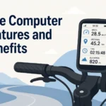 Vector illustration in blue palette of a bicycle handlebar with a GPS bike computer displaying ride data, alongside the title "Bike Computer Features and Benefits" on a clean, flat-design background.