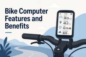 Vector illustration in blue palette of a bicycle handlebar with a GPS bike computer displaying ride data, alongside the title "Bike Computer Features and Benefits" on a clean, flat-design background.