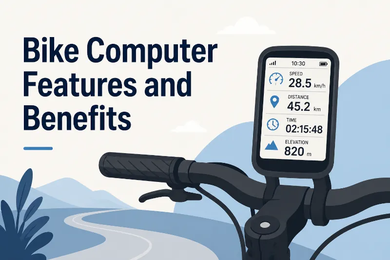 Vector illustration in blue palette of a bicycle handlebar with a GPS bike computer displaying ride data, alongside the title "Bike Computer Features and Benefits" on a clean, flat-design background.