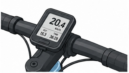 An illustration of the center of bicycle handlebars with a representation of a wired bike computer.
