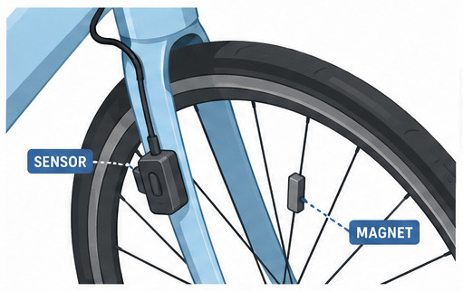 A drawn image of the front of a bike showing the placement of a bike computer sensor and magnet.