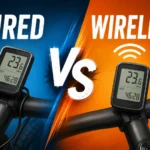 Am image of illustrations of two bike computers, one wired and one wireless, side by side with 'VS' in the middle, representing the question of whether someone should choose a wired or a wireless bicycle computer for their bike.