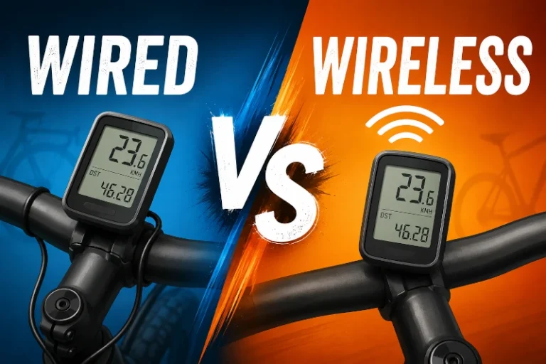 Am image of illustrations of two bike computers, one wired and one wireless, side by side with 'VS' in the middle, representing the question of whether someone should choose a wired or a wireless bicycle computer for their bike.